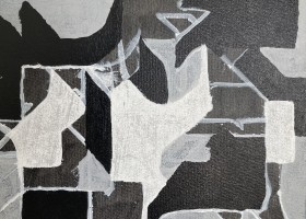 Town and Packaging, Black and White no. 5 2023, 25.4 x 30.7 cms, acrylic on canvas