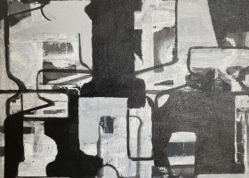 Town and Packaging, Black and White no.3 2023, 25.4 x 30.7 cms, acrylic on canvas