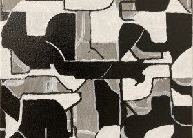 Town and Packaging, Black and White no.4 2023, 25.4 x 30.7 cms, acrylic on canvas