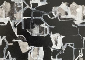 Town and Packaging, Black and White no.2 2023, 25.4 x 30.7 cms acrylic on canvas