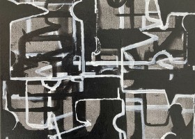 Town and Packaging, Black and White no.1 2023, 25.4 x 30.7 cms, acrylic on canvas
